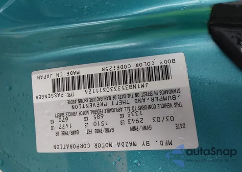 2003 Mazda Mx-5 Miata Cloth/Ls/Se/Shinsen from USA, damaged, VIN JM1NB353330311124